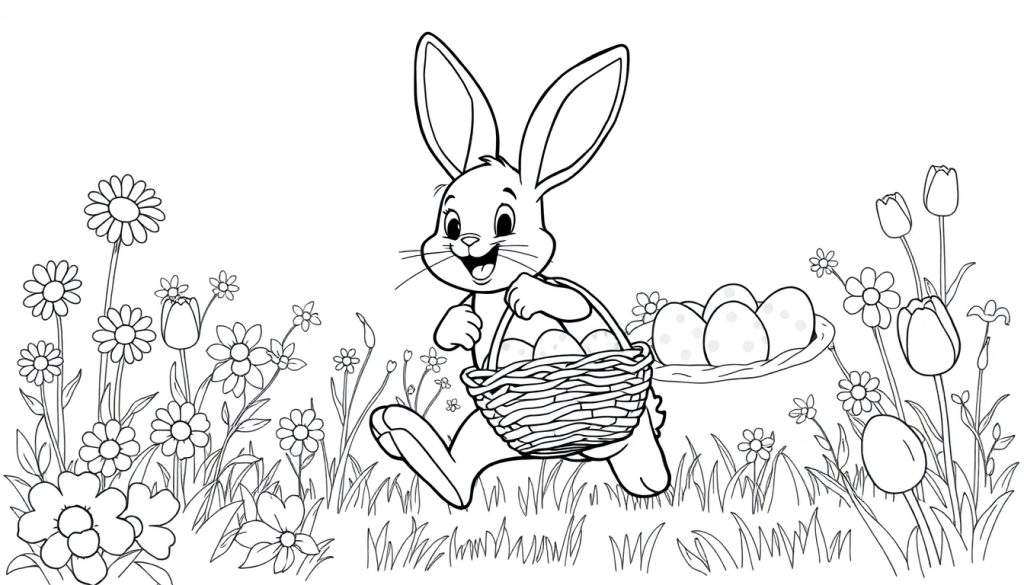A black and white color panel of a happy Easter bunny hopping through a flower field with a basket of eggs.