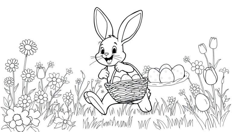 A black and white color panel of a happy Easter bunny hopping through a flower field with a basket of eggs.
