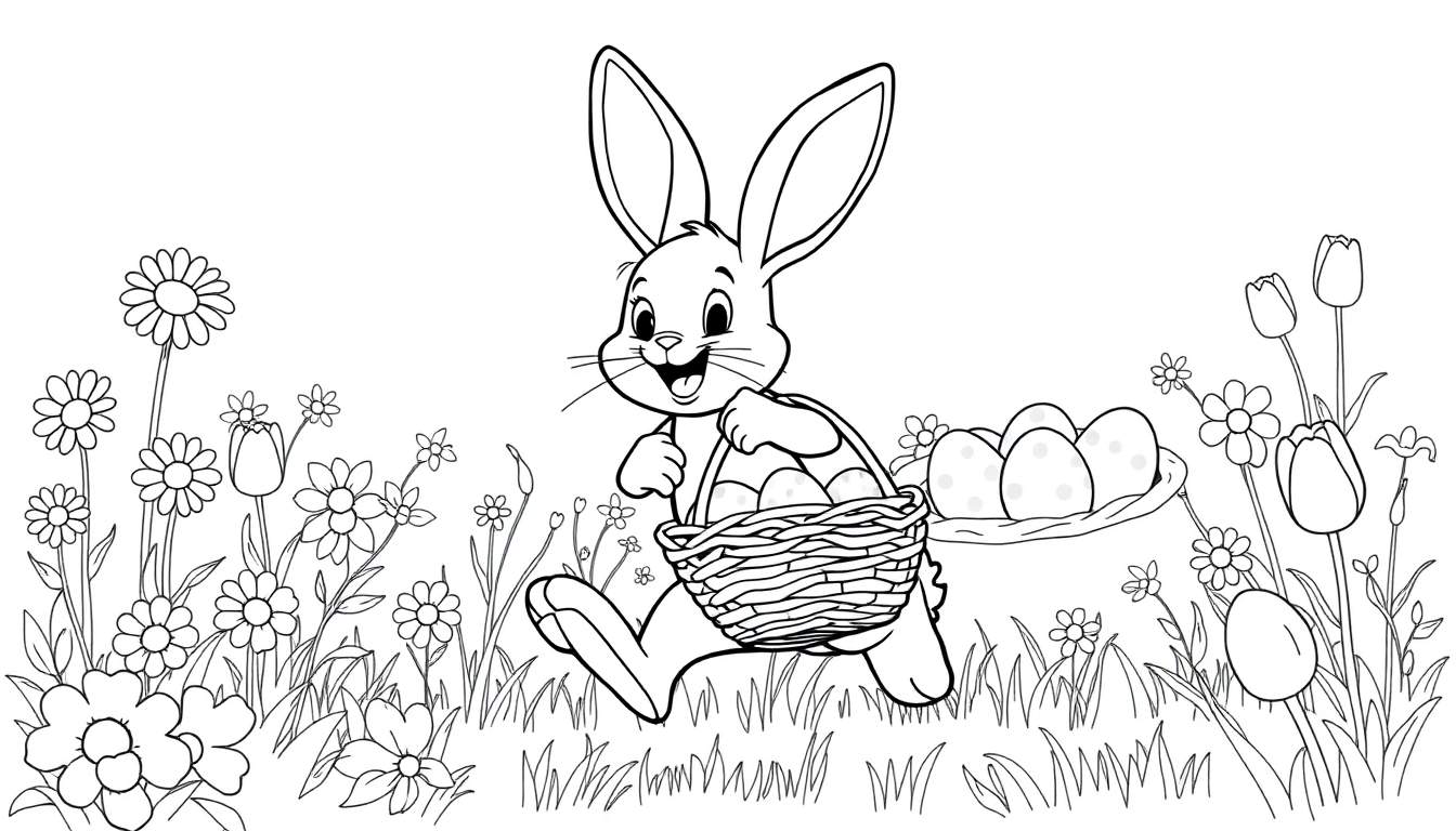 A black and white color panel of a happy Easter bunny hopping through a flower field with a basket of eggs.
