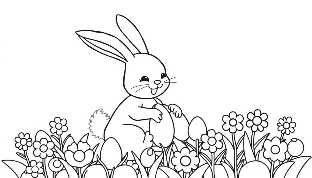 A cute bunny with long ears sits in a field of flowers and Easter eggs, ready for a color panel adventure. No colors, just lines for your imagination!