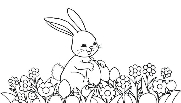 A cute bunny with long ears sits in a field of flowers and Easter eggs, ready for a color panel adventure. No colors, just lines for your imagination!