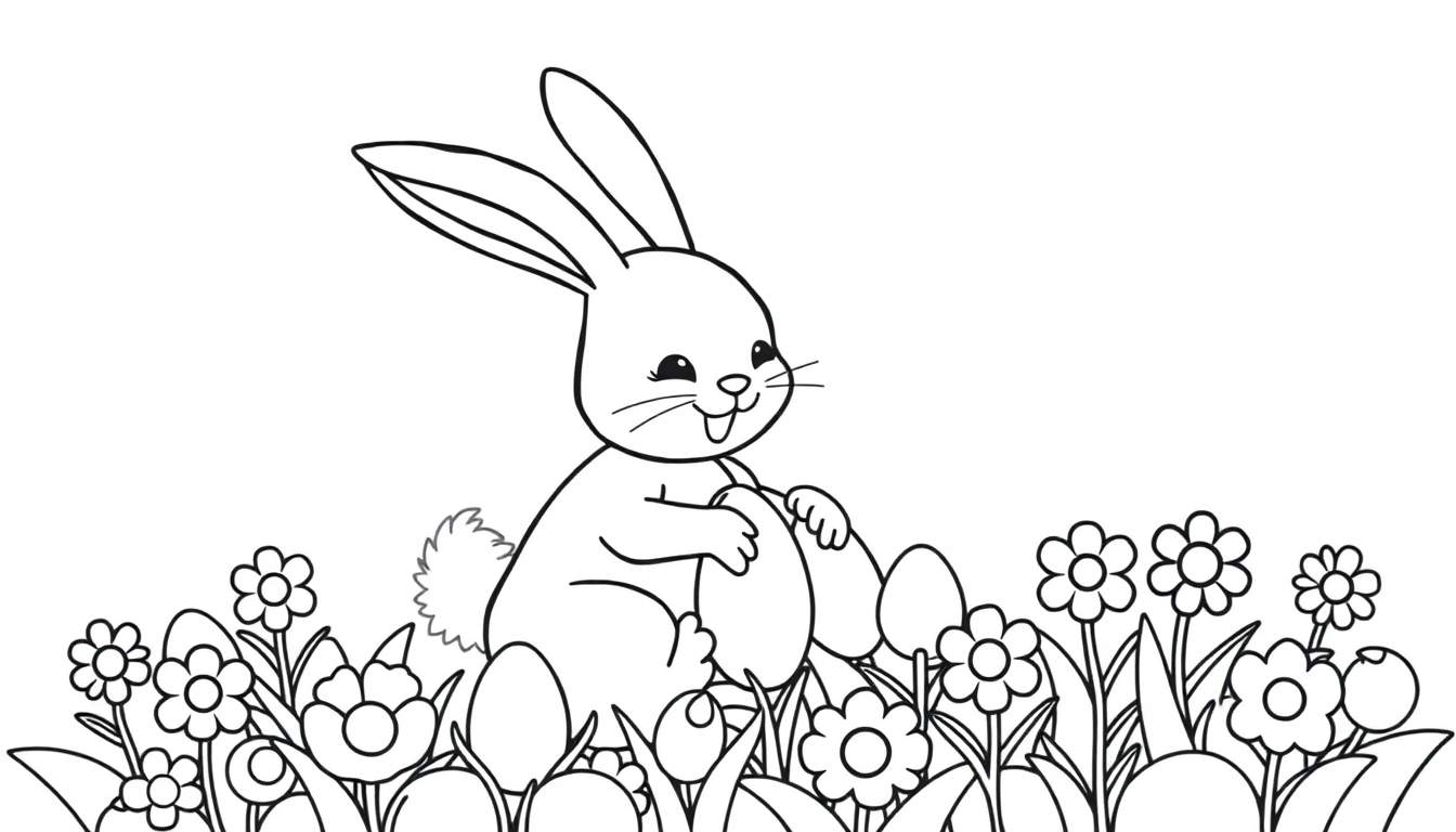 A cute bunny with long ears sits in a field of flowers and Easter eggs, ready for a color panel adventure. No colors, just lines for your imagination!