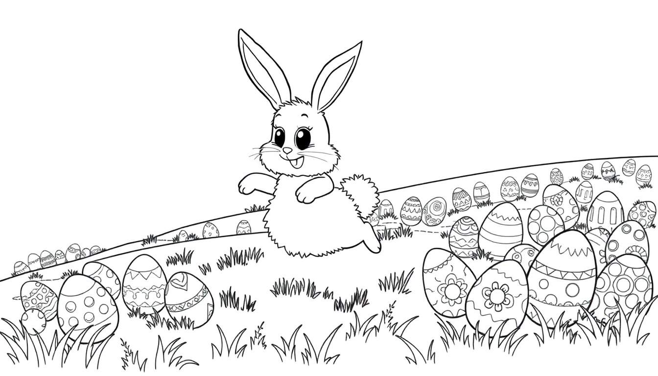 A black and white Easter bunny illustration for a color panel, mid-jump in a field of Easter eggs.