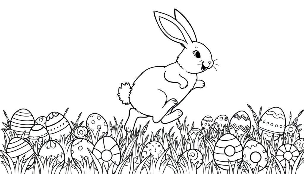 A black and white line drawing of an Easter bunny in mid-leap over a field of decorated Easter eggs, perfect for a color panel.