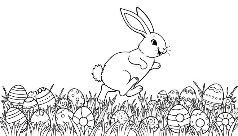 A black and white line drawing of an Easter bunny in mid-leap over a field of decorated Easter eggs, perfect for a color panel.