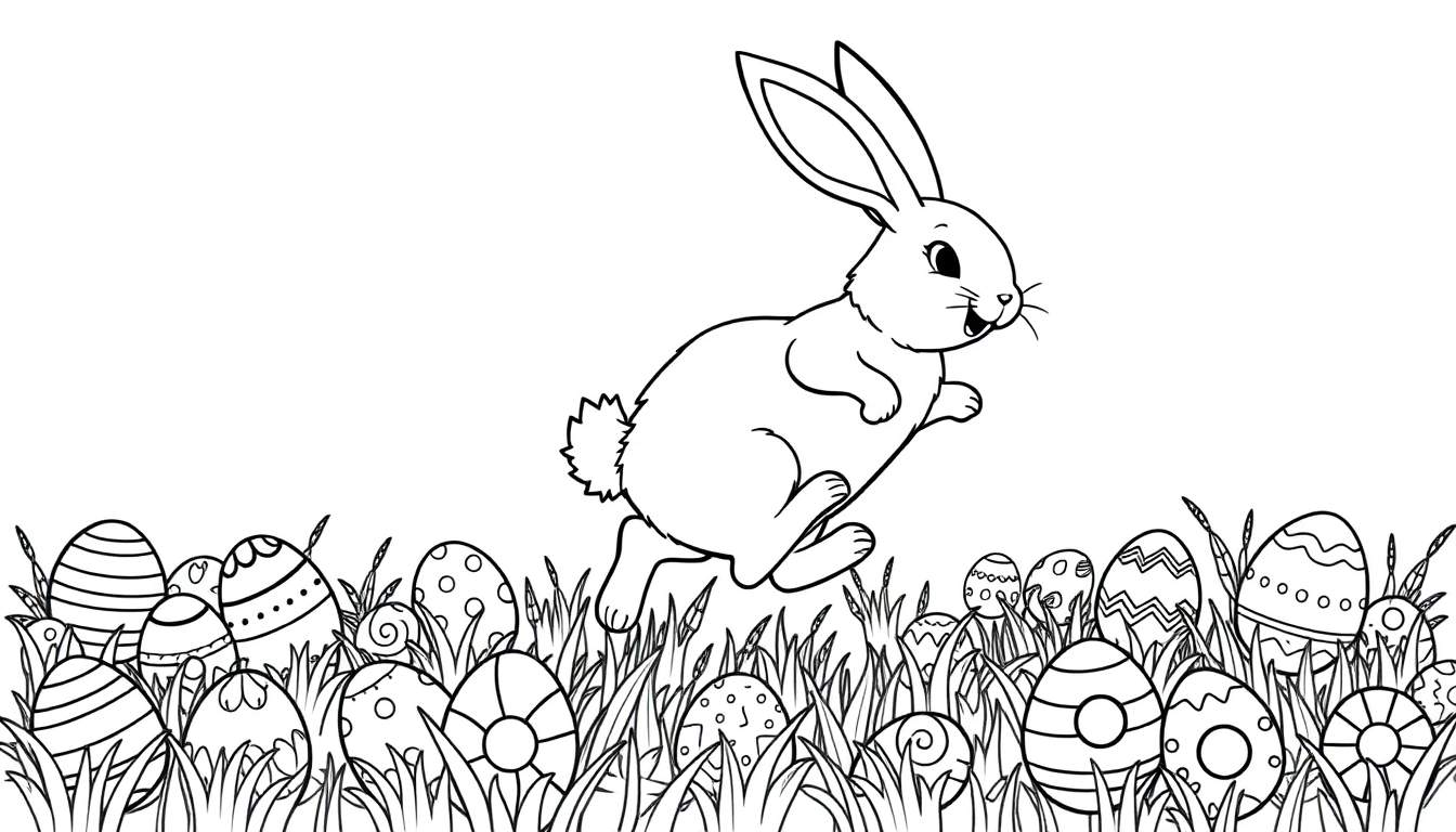 A black and white line drawing of an Easter bunny in mid-leap over a field of decorated Easter eggs, perfect for a color panel.