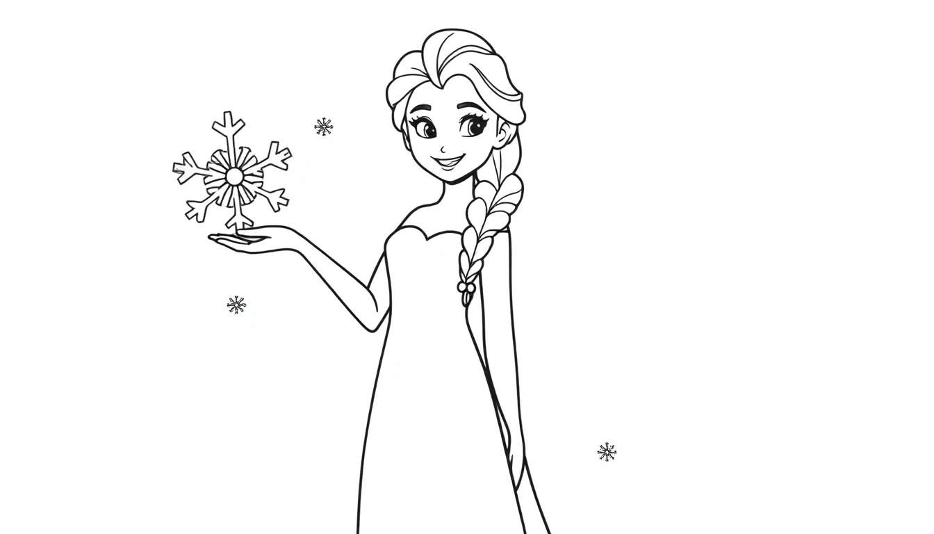 A simple black and white line drawing of Elsa from Frozen, ready for a color panel, holding a snowflake.