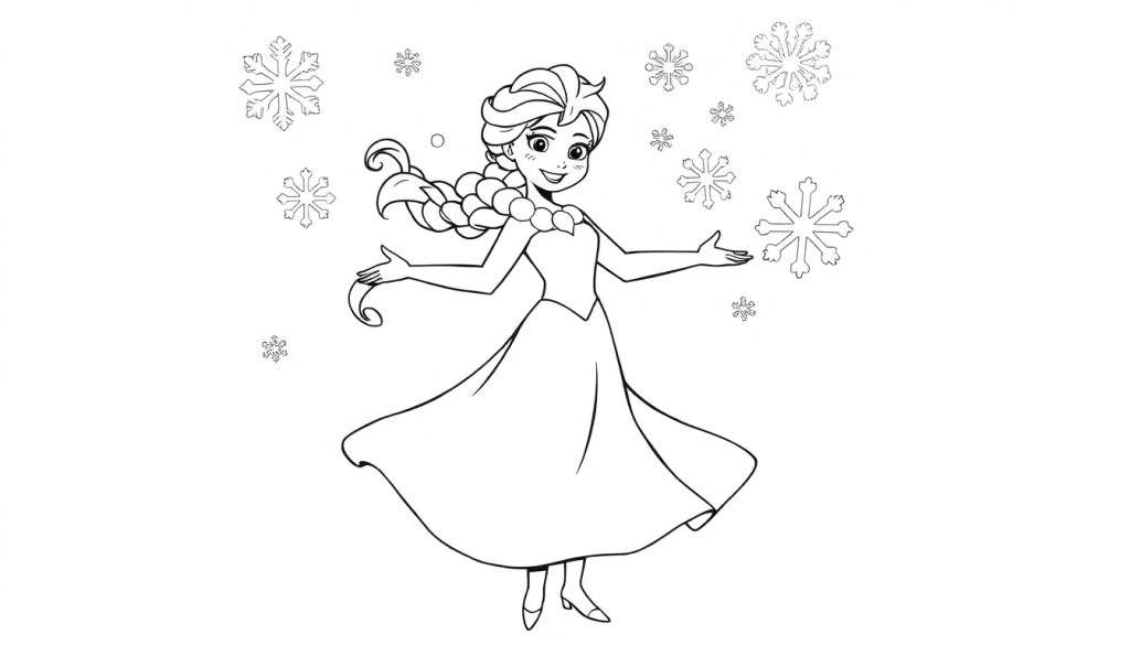 Elsa from Frozen in a black and white coloring panel, surrounded by snowflakes.