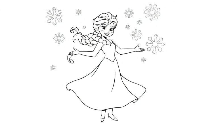 Elsa from Frozen in a black and white coloring panel, surrounded by snowflakes.