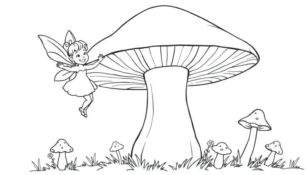 A happy fairy touching a giant mushroom in a color panel.