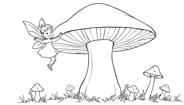 A happy fairy touching a giant mushroom in a color panel.