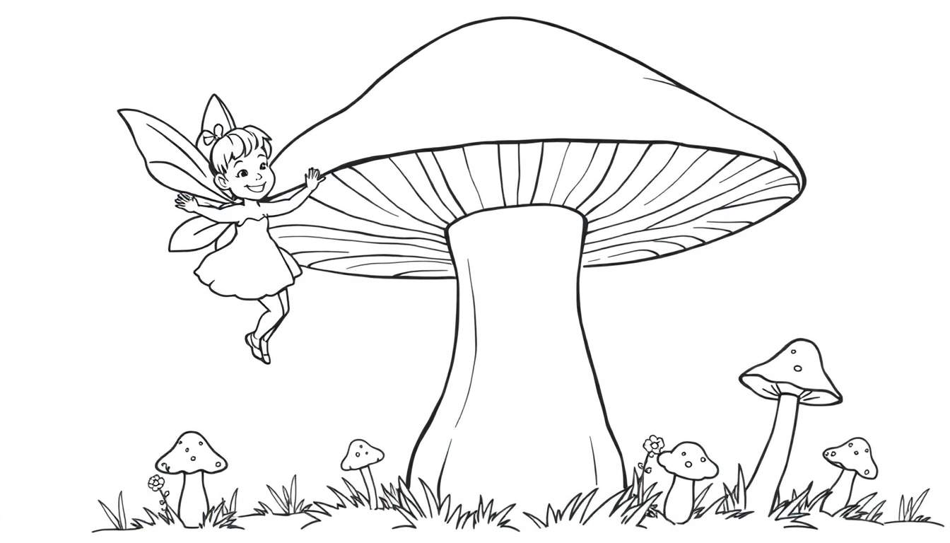 A happy fairy touching a giant mushroom in a color panel.