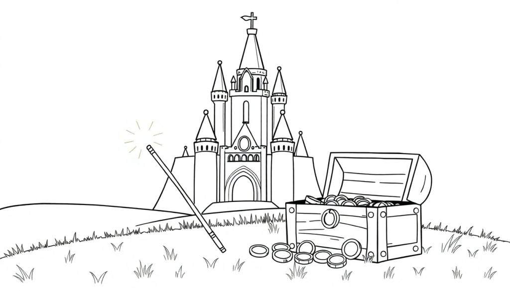 A magical castle color panel with a wand and treasure.