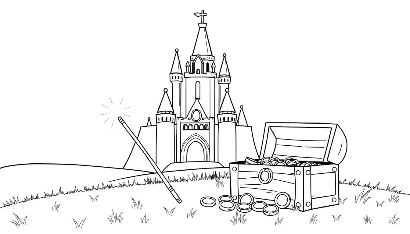 A magical castle color panel with a wand and treasure.