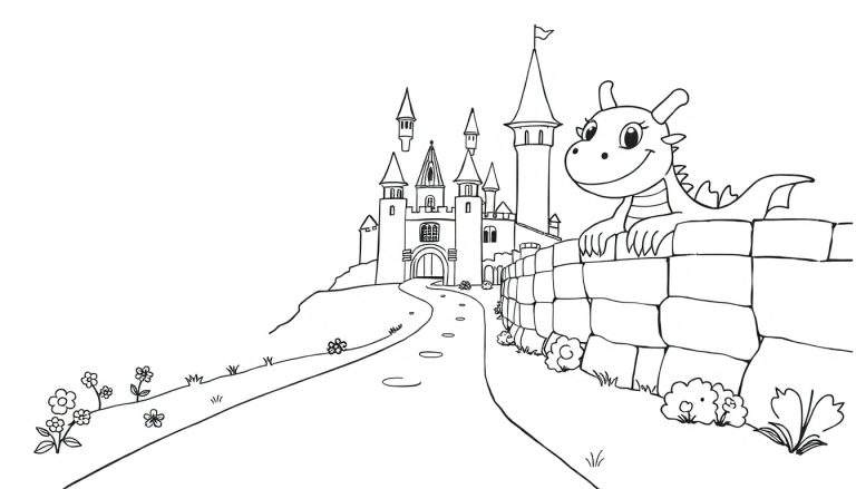 A whimsical castle coloring panel with a friendly dragon peeking over a wall.