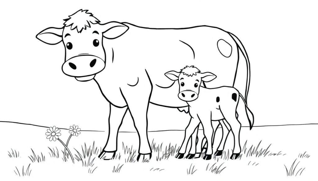 A cute cartoon cow and calf in a field, ready for a coloring panel.