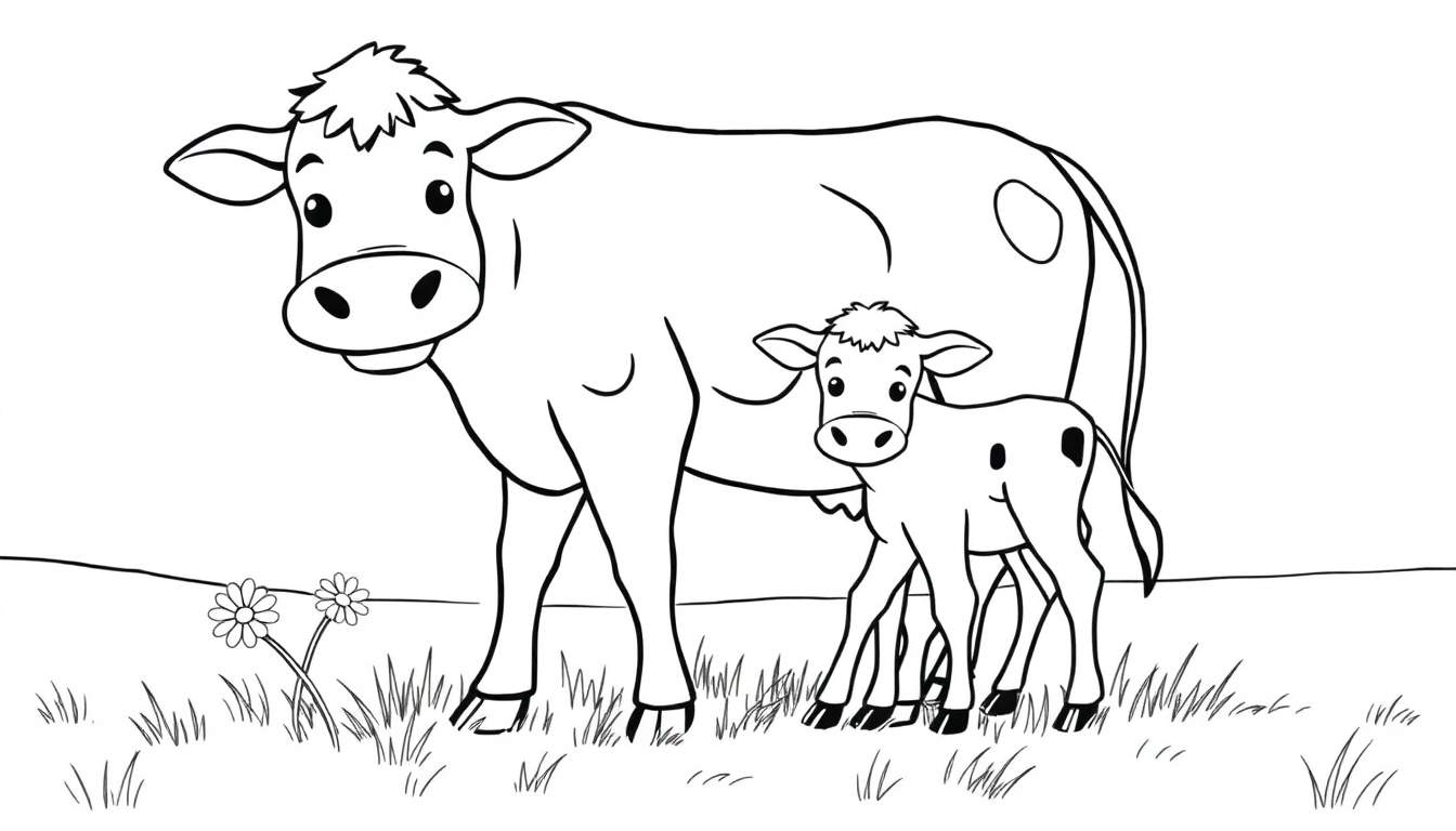 A cute cartoon cow and calf in a field, ready for a coloring panel.