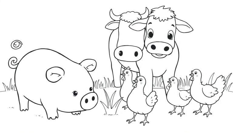 A cute black and white farm scene with a happy pig, a friendly cow, and playful chickens for a coloring panel.
