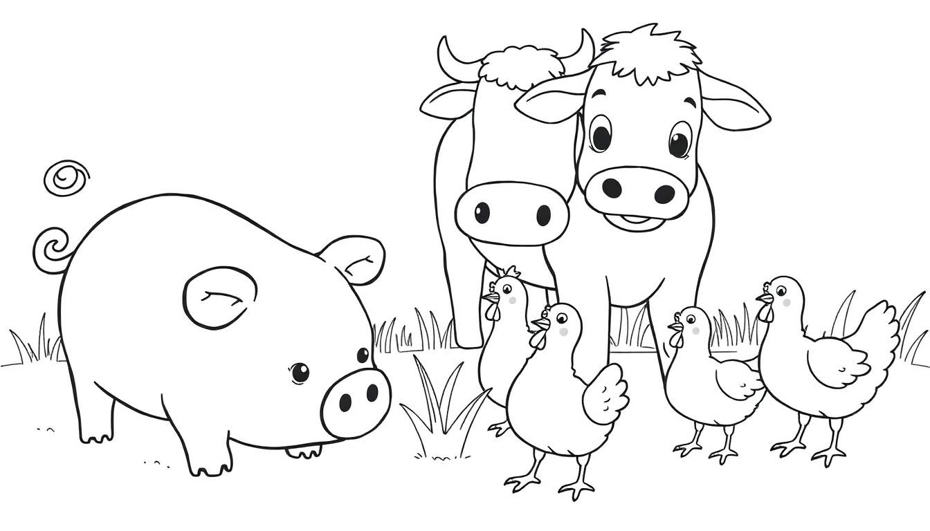 A cute black and white farm scene with a happy pig, a friendly cow, and playful chickens for a coloring panel.