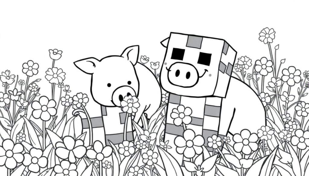 A black and white illustration for a color panel showing a Minecraft-style pig and a round pig in a flower field.