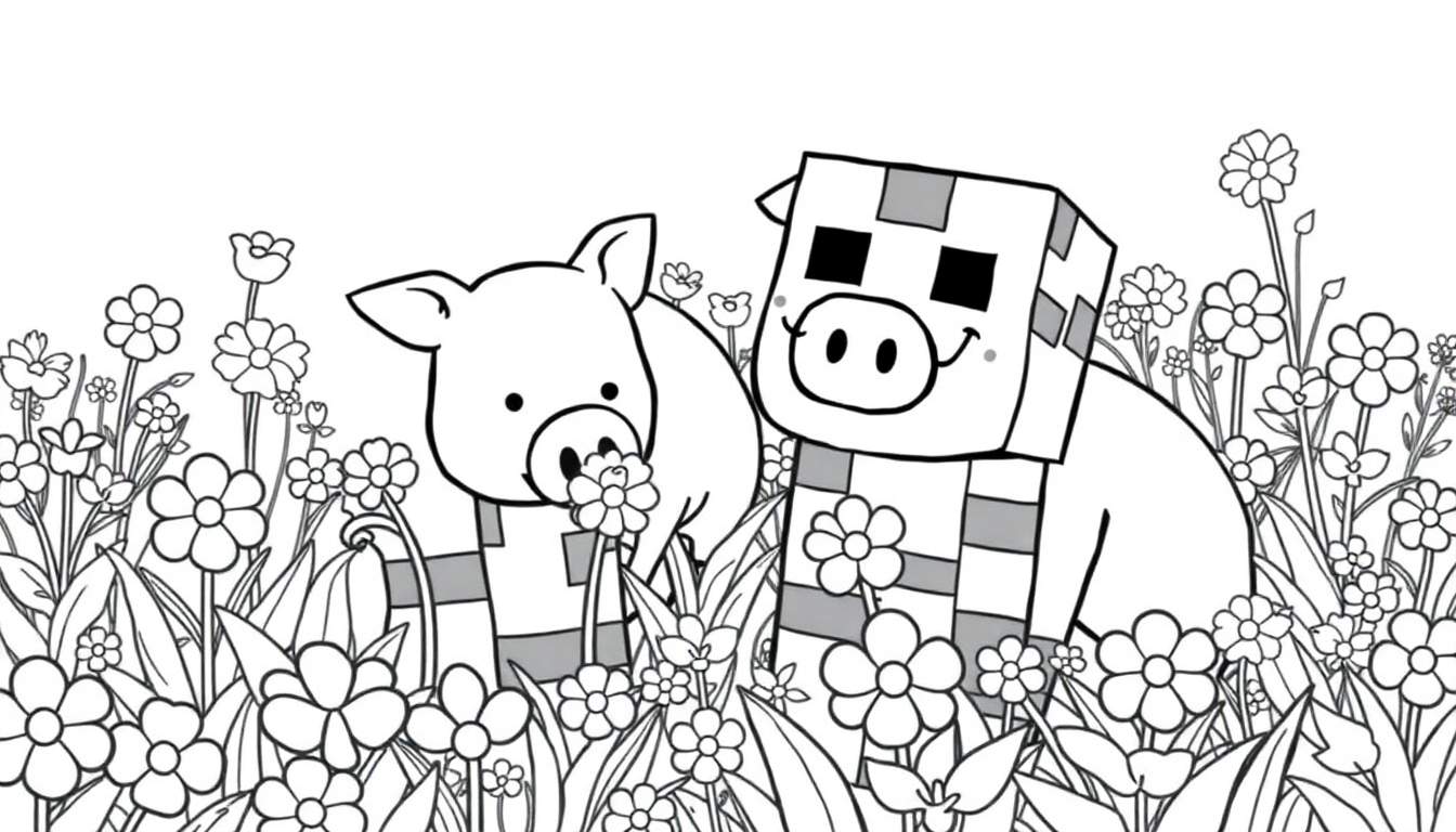 A black and white illustration for a color panel showing a Minecraft-style pig and a round pig in a flower field.
