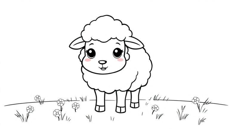 A black and white outline drawing of a cute, fluffy lamb in a field of flowers, part of a fun color panel.