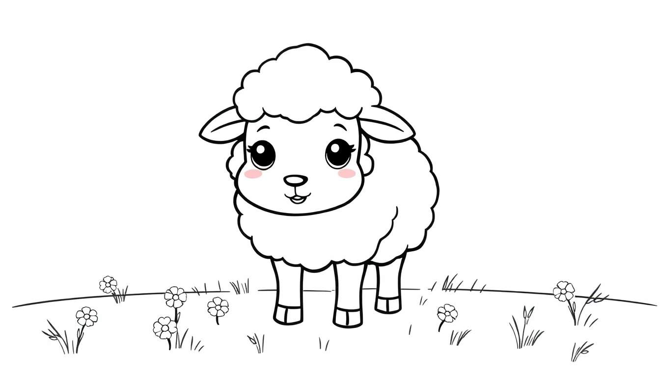 A black and white outline drawing of a cute, fluffy lamb in a field of flowers, part of a fun color panel.