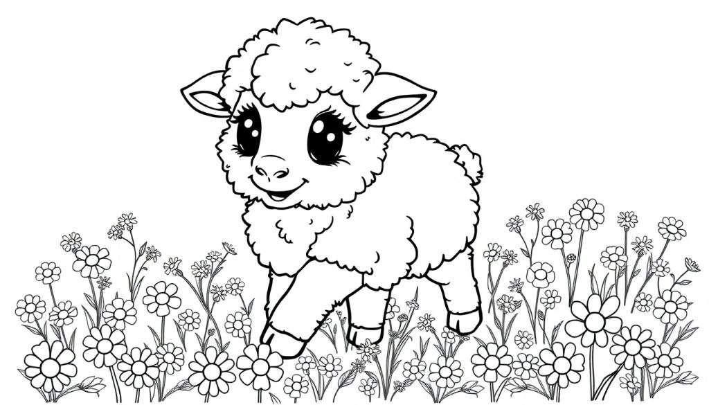 A cute cartoon lamb with big eyes in a flower field, ready for a color panel.