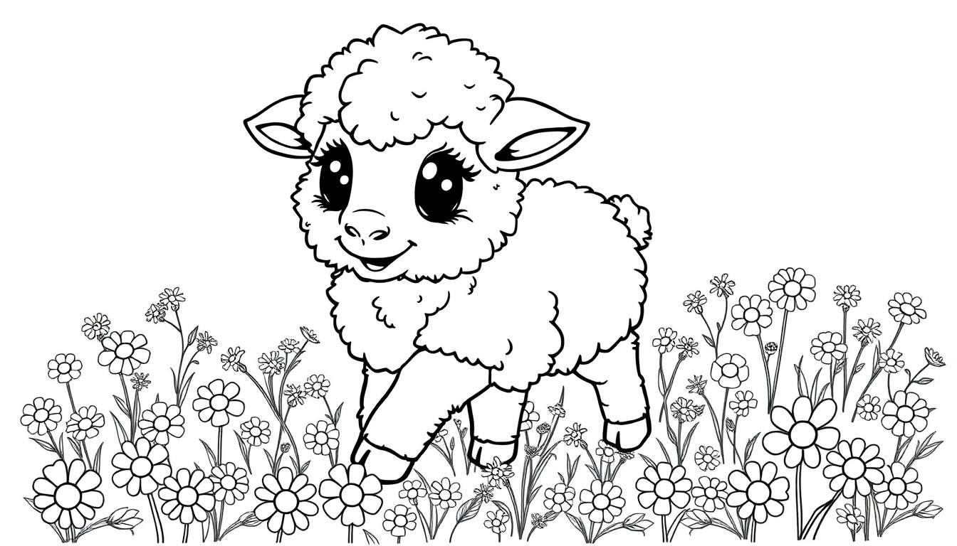 A cute cartoon lamb with big eyes in a flower field, ready for a color panel.