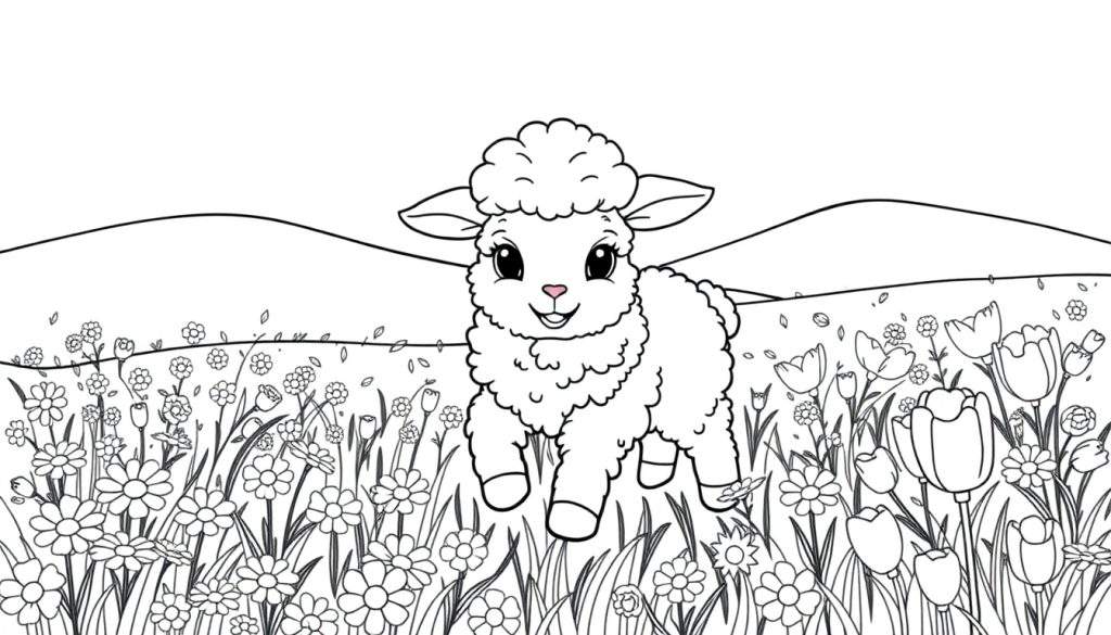 A fluffy lamb in a field of flowers, a black and white color panel.