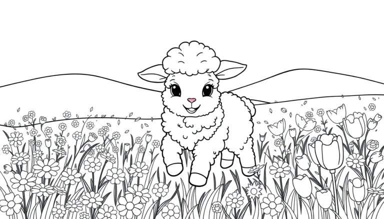 A fluffy lamb in a field of flowers, a black and white color panel.
