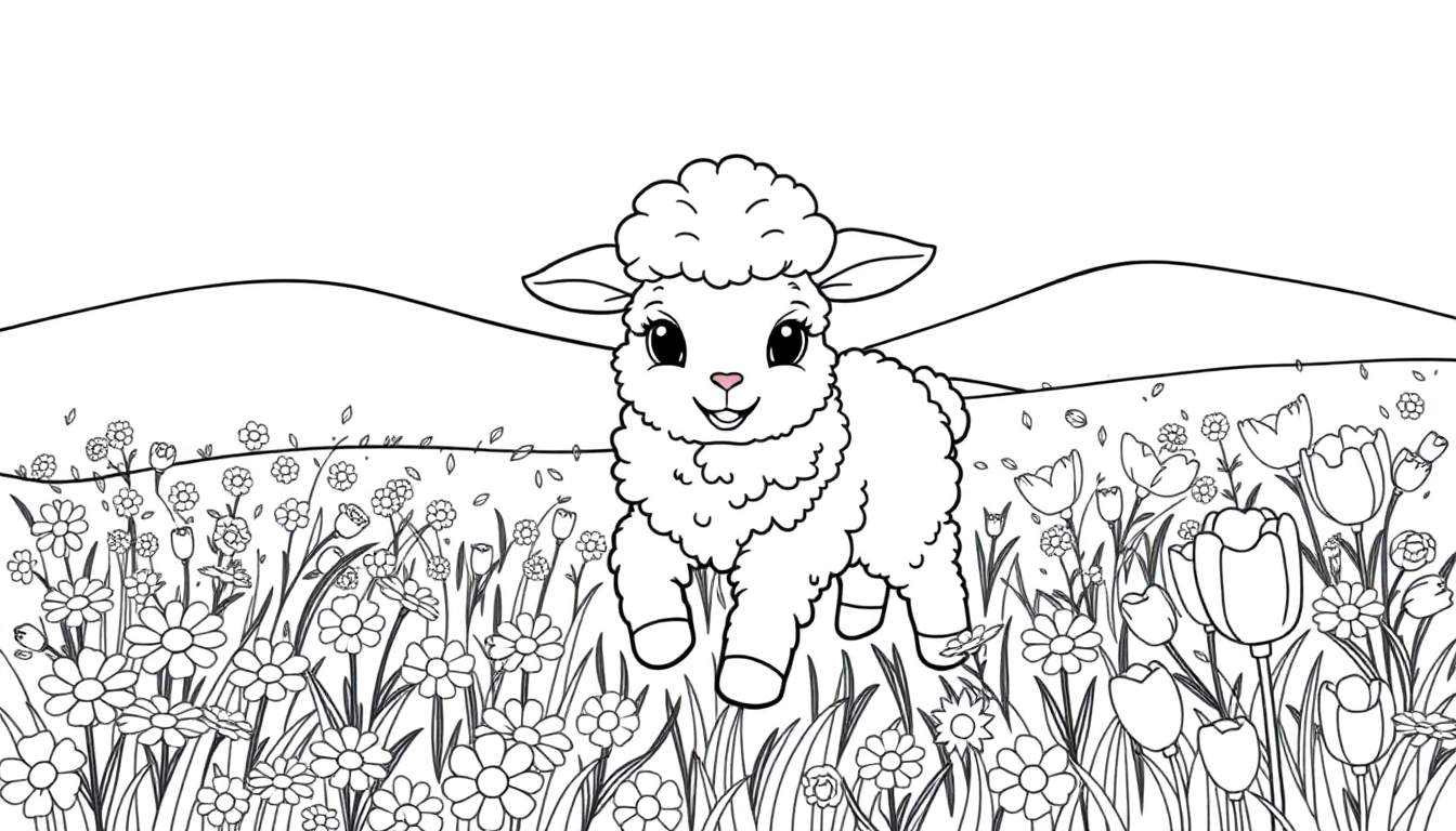 A fluffy lamb in a field of flowers, a black and white color panel.