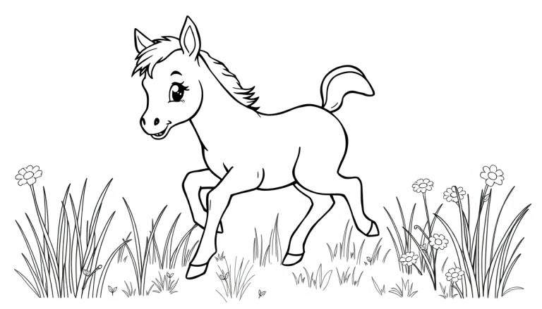 A black and white cartoon of a playful foal in a meadow, ready for a color panel.