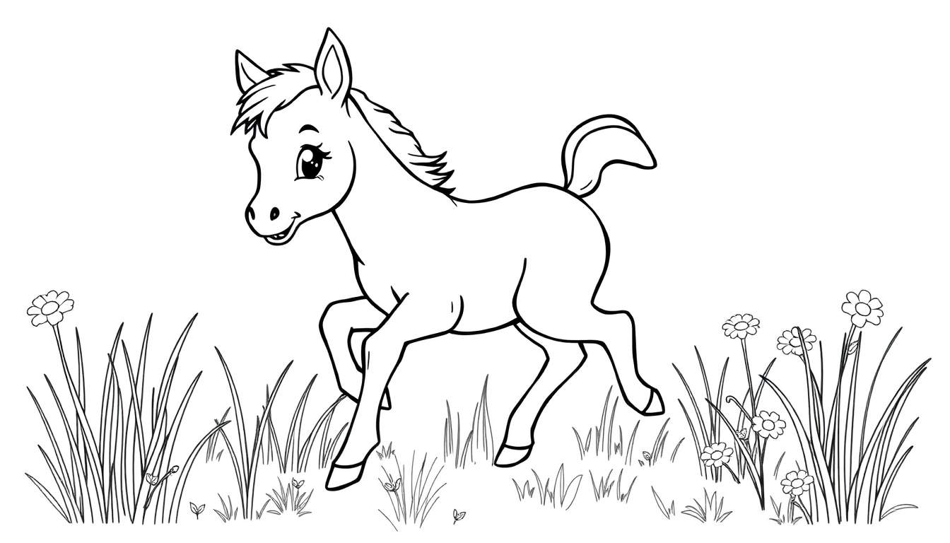 A black and white cartoon of a playful foal in a meadow, ready for a color panel.