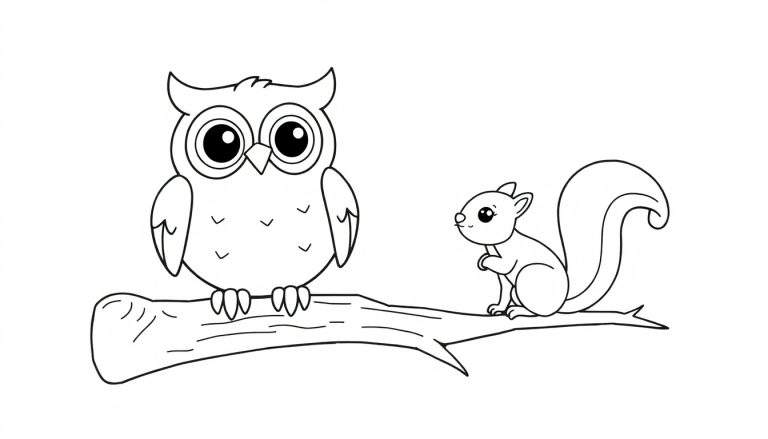 A friendly forest owl and a curious squirrel on a branch, ready for a color panel adventure!