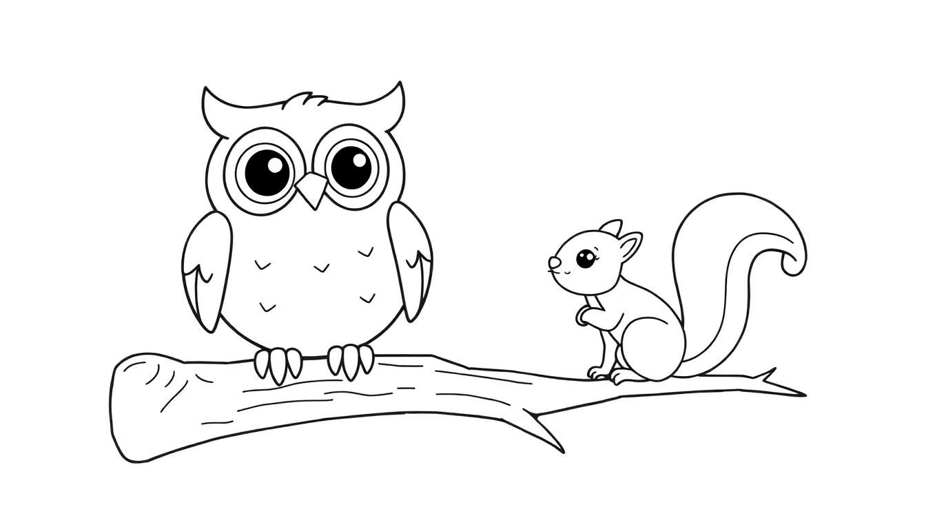A friendly forest owl and a curious squirrel on a branch, ready for a color panel adventure!