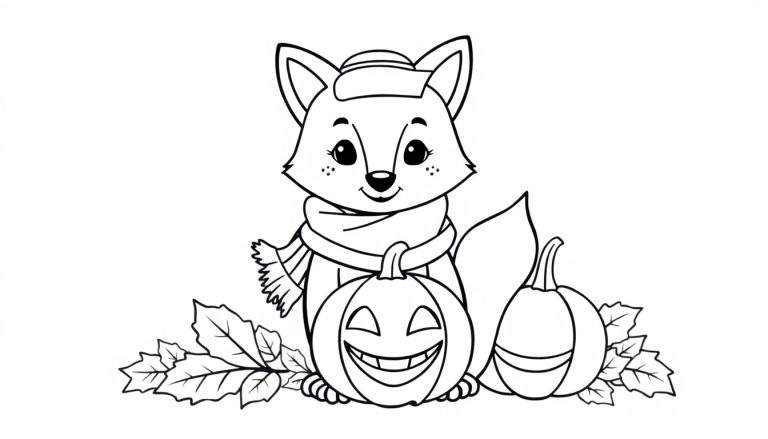 A cute black and white cartoon fox wearing a hat and scarf, sitting behind two pumpkins, one with a carved jack-o'-lantern face, with scattered leaves, a fun color panel awaits!