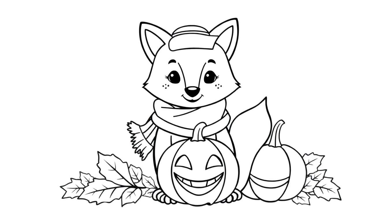 A cute black and white cartoon fox wearing a hat and scarf, sitting behind two pumpkins, one with a carved jack-o'-lantern face, with scattered leaves, a fun color panel awaits!
