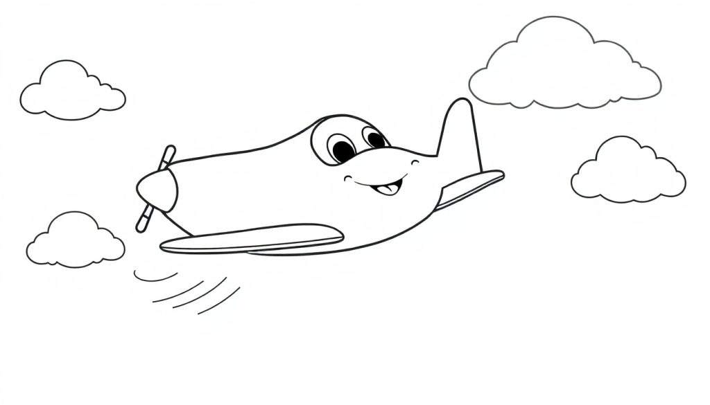 A friendly cartoon airplane with a smiling face flies in the sky, with clouds around it. This is a black and white outline for a fun color panel.