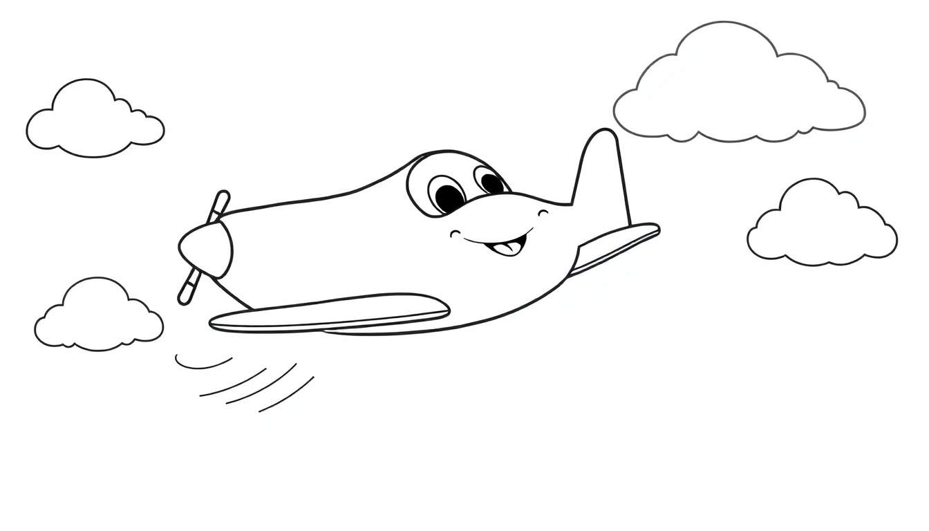 A friendly cartoon airplane with a smiling face flies in the sky, with clouds around it. This is a black and white outline for a fun color panel.