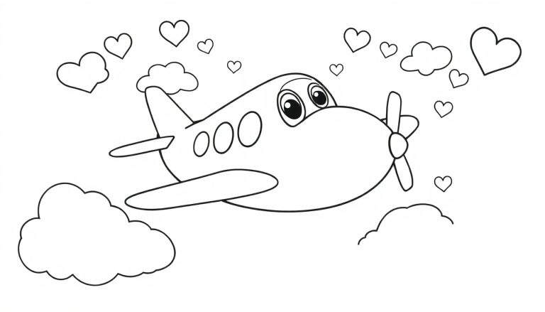 A friendly airplane with big eyes and a propeller is flying through fluffy clouds and hearts in this black and white color panel.
