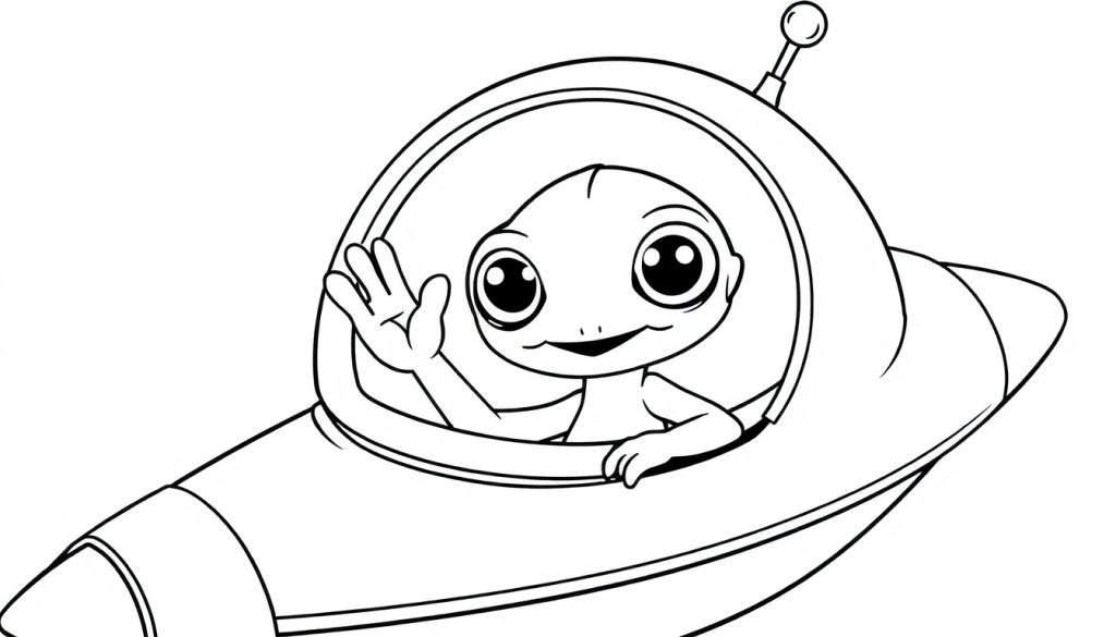 A friendly alien in a black and white flying saucer, waving from the cockpit, a coloring panel.