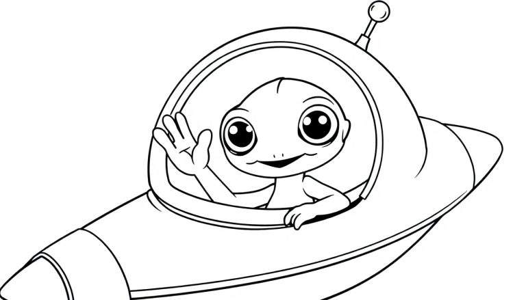 A friendly alien in a black and white flying saucer, waving from the cockpit, a coloring panel.