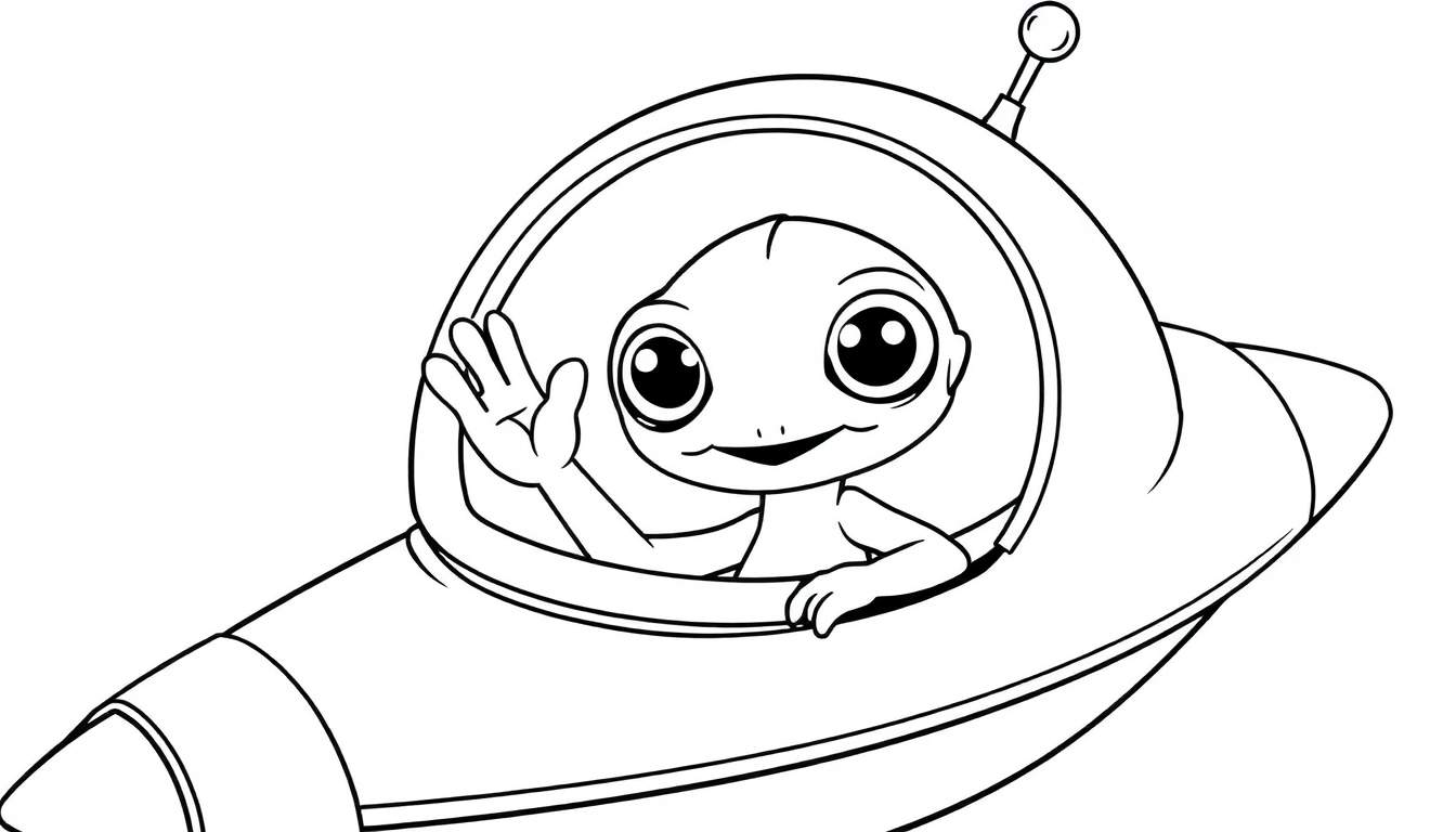 A friendly alien in a black and white flying saucer, waving from the cockpit, a coloring panel.