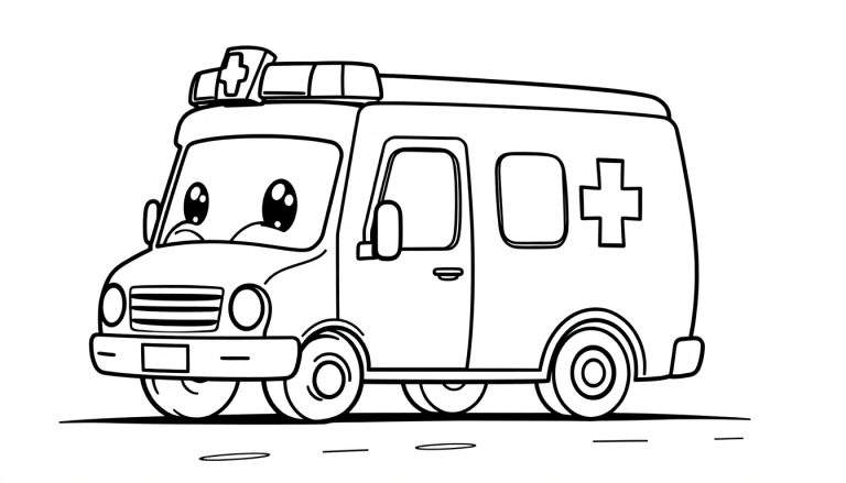 A black and white cartoon of a friendly ambulance with a cross symbol, ready for coloring. This color panel is perfect for little helpers!