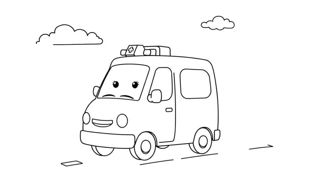 A cute, cartoon ambulance with big eyes and a friendly frown is driving on a road, ready for its color panel fun.