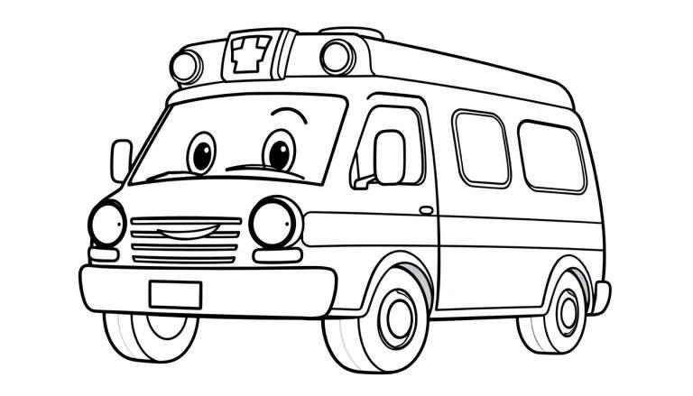 A friendly cartoon ambulance outlined in black and white, perfect for a color panel. It has big, round eyes and a smiling mouth, ready for coloring adventures.