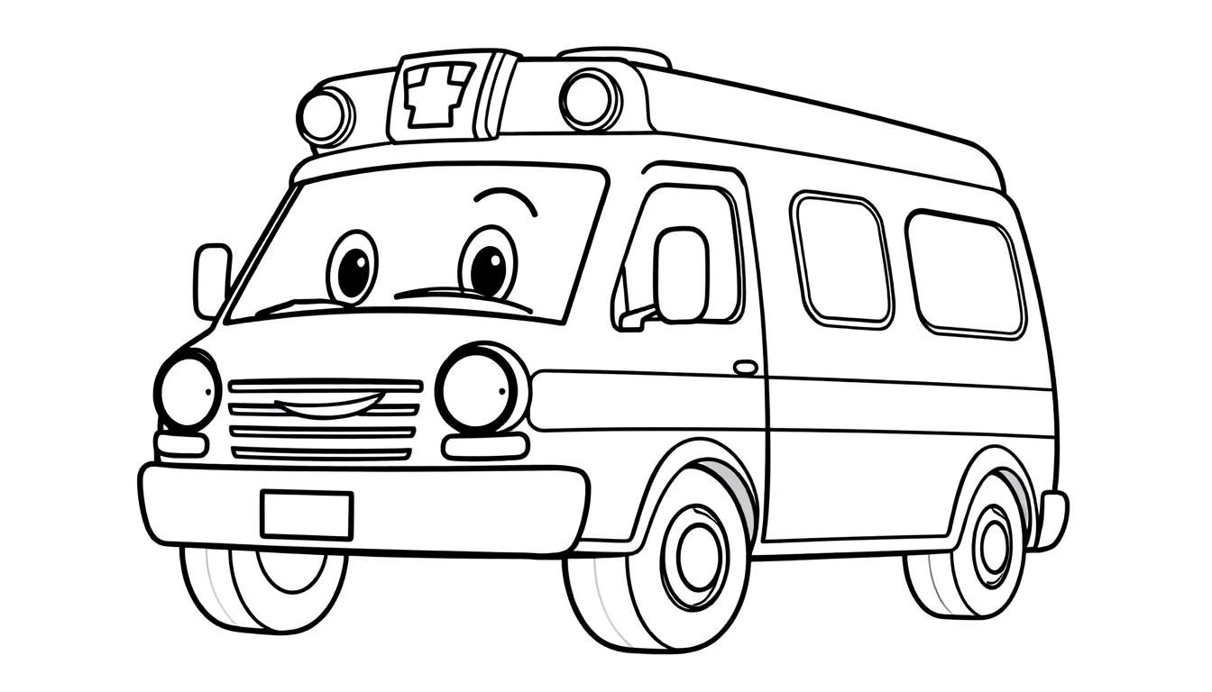 A friendly cartoon ambulance outlined in black and white, perfect for a color panel. It has big, round eyes and a smiling mouth, ready for coloring adventures.