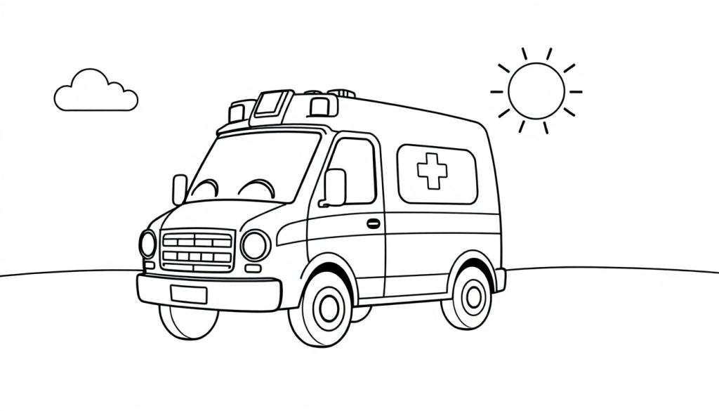 A black and white cartoon ambulance, perfect for a color panel adventure, with a smiling sun and a cloud nearby.