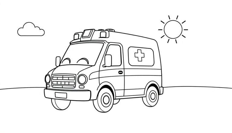 A black and white cartoon ambulance, perfect for a color panel adventure, with a smiling sun and a cloud nearby.